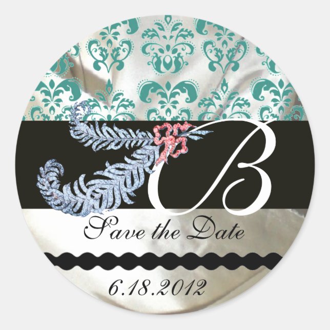 DIAMOND FEATHERS WHITE BLUE SILK DAMASK MONOGRAM CLASSIC ROUND STICKER (Front)