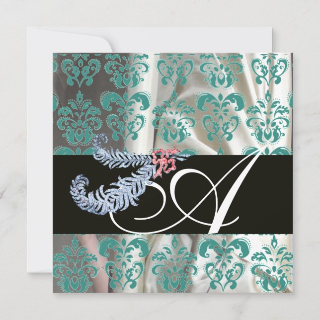 DIAMOND FEATHERS WHITE BLUE SILK DAMASK MONOGRAM INVITATION (Front)