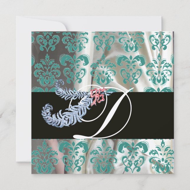 DIAMOND FEATHERS WHITE BLUE SILK DAMASK MONOGRAM INVITATION (Front)
