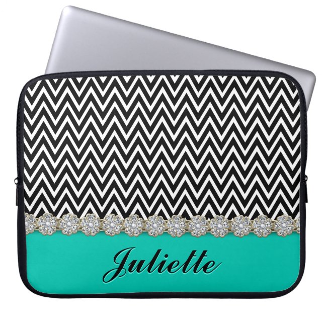 Diamond Flower Black White Chevron Pattern Laptop Sleeve (Front)