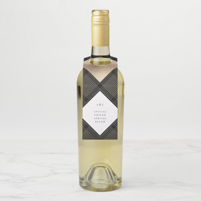 Diamond Geometric Black Gold Gatsby Wedding Bottle Tag (On Bottle)