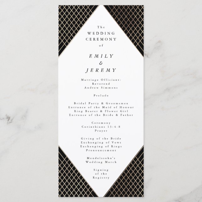 Diamond Geometric Black Gold Gatsby Wedding Programme (Front)