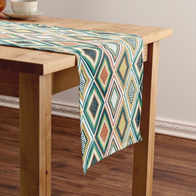 Diamond Geometric Pattern in Earth Tones Short Table Runner (In Situ)