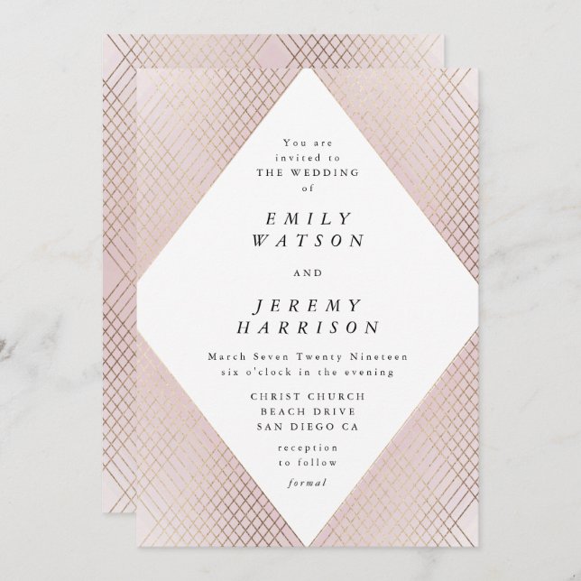 Diamond Geometric Pink Deco Gold Gatsby Wedding Invitation (Front/Back)