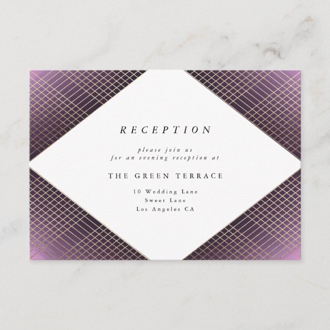Diamond Geometric Purple Gold Gatsby Reception Enclosure Card (Front)