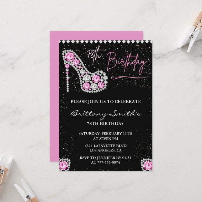 Diamond Glam Black Pink Glitter Shoe 78th birthday Invitation (Front/Back In Situ)