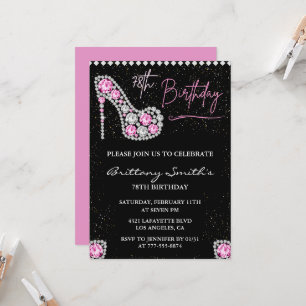 Diamond Glam Black Pink Glitter Shoe 78th birthday Invitation