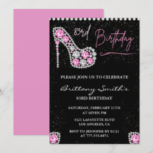 Diamond Glam Black Pink Glitter Shoe 83rd birthday Invitation