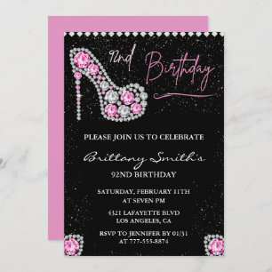 Diamond Glam Black Pink Glitter Shoe 92nd birthday Invitation
