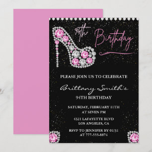 Diamond Glam Black Pink Glitter Shoe 94th birthday Invitation