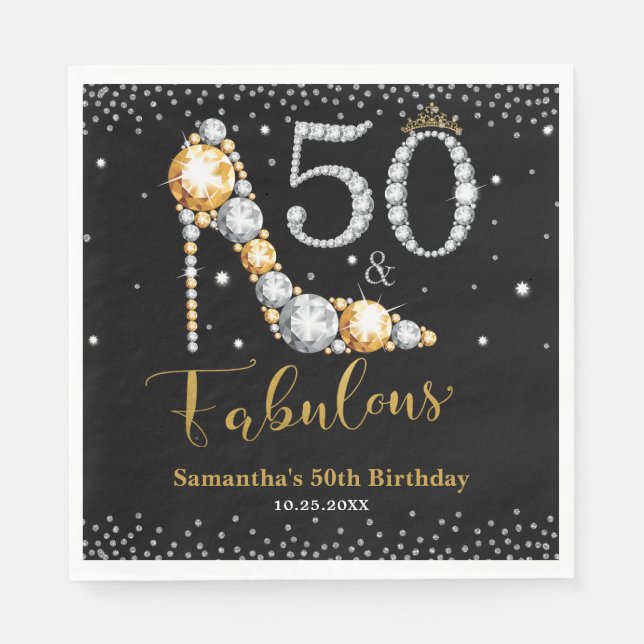 Diamond Glitter Fifty and Fabulous 50th Birthday Napkin (Front)