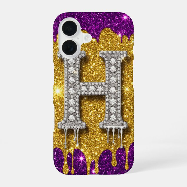Diamond Glitter Monogram H ✨ Gold Drip Purple iPhone 16 Case (Back)