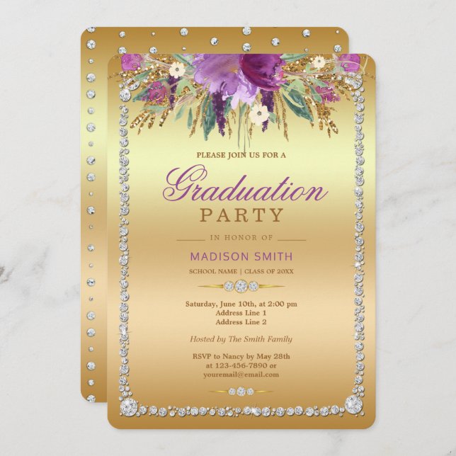 Diamond Glitter Watercolor Flowers Gold Grad Party Invitation (Front/Back)