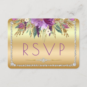 Diamond Glitter Watercolor Flowers Gold RSVP