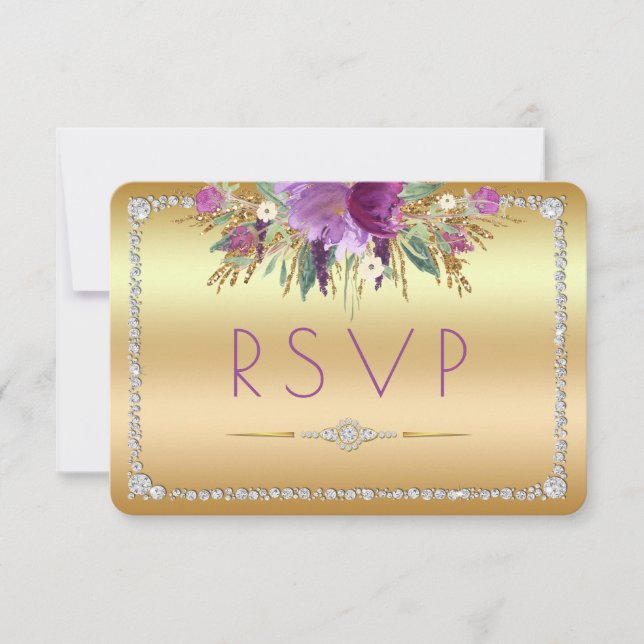 Diamond Glitter Watercolor Flowers Gold RSVP Card (Front)