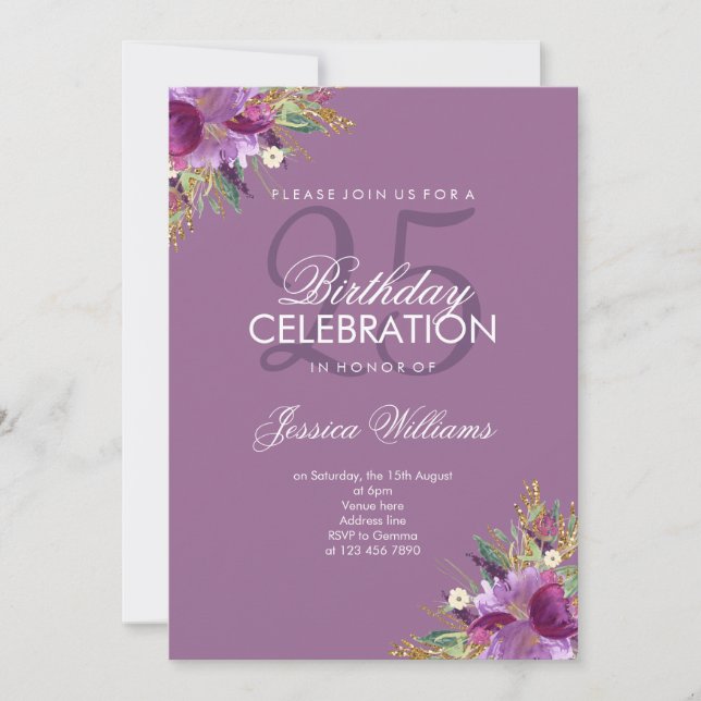 Diamond Glitter Watercolor Flowers Mauve Birthday Invitation (Front)