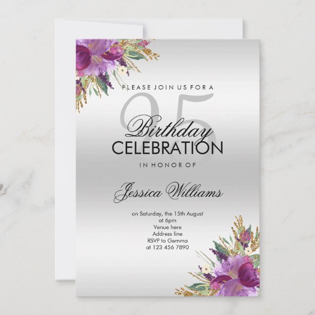 Diamond Glitter Watercolor Flowers Silver Birthday Invitation (Front)