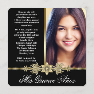 Diamond Gold Black and Gold Photo Quinceanera Invitation