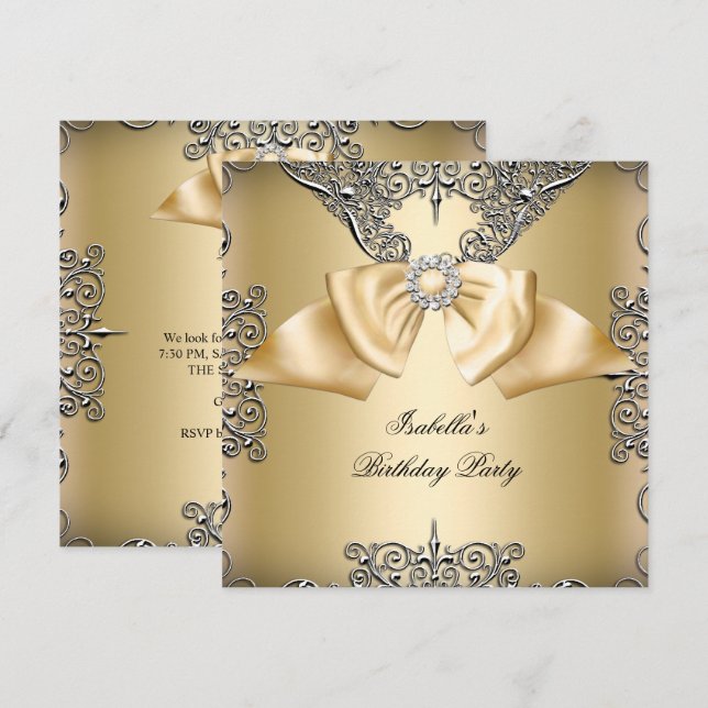 Diamond Gold Cream Bow Silver Elegant Birthday Invitation (Front/Back)