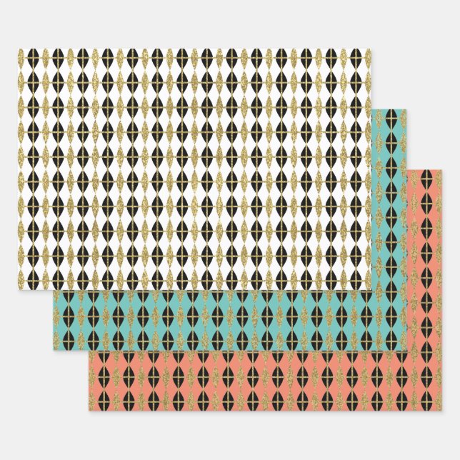 Diamond & Gold Grid Trio III Wrapping Paper Sheet (Set)