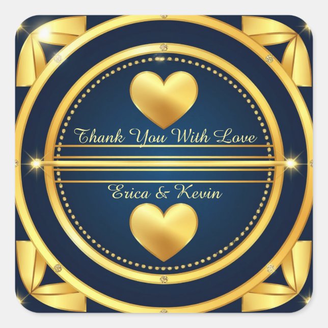 💍 Diamond Gold Heart Navy Wedding Favour 💍 Square Sticker (Front)