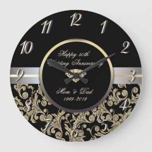 Diamond Gold Swirls 50th Wedding Anniversary Large Clock