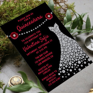 Diamond Gown Burgundy Rose Modern Quinceañera Invitation