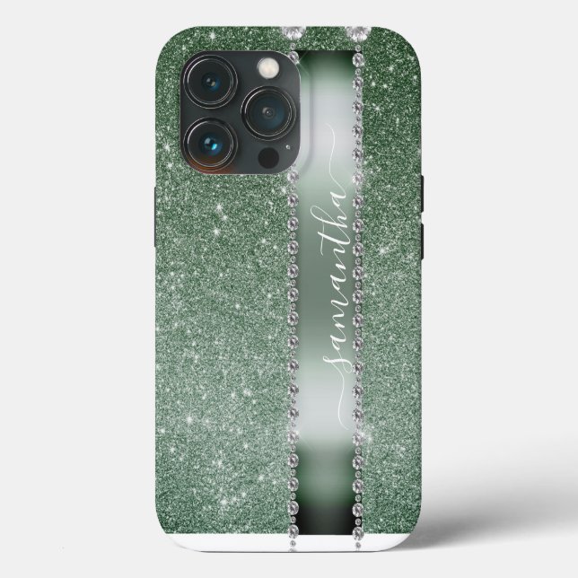 Diamond Green Glitter Calligraphy Monogram Name Case-Mate iPhone Case (Back)