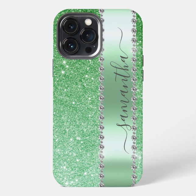 Diamond Green Glitter Calligraphy Monogram Name iPhone Case (Back)