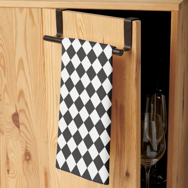 Diamond Harlequin Pattern in Black and White Tea Towel (Thirds Fold)