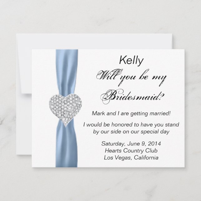 Diamond Heart Blue Wedding Bridesmaid Card (Front)