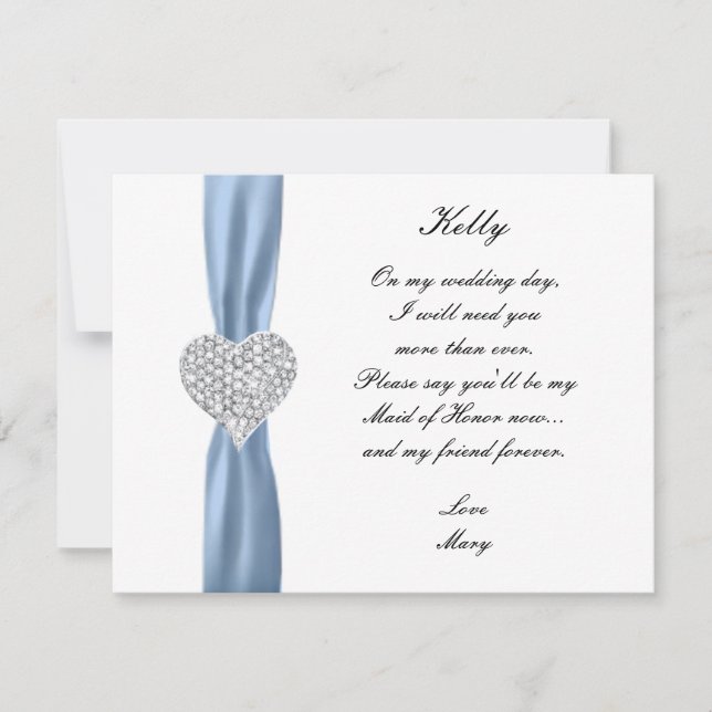 Diamond Heart Blue Wedding Maid Of Honour Card (Front)
