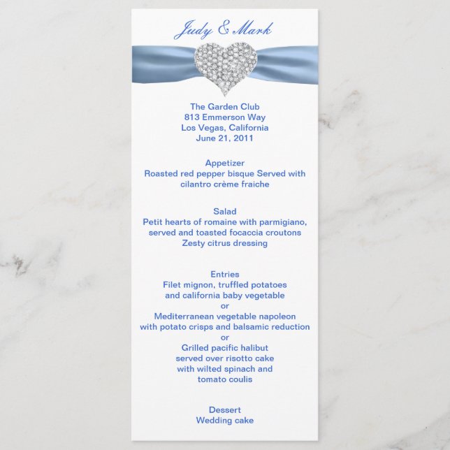 Diamond Heart Blue Wedding Menu Card (Front)