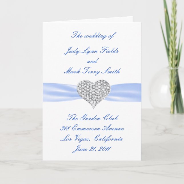 Diamond Heart Blue Wedding Program Card (Front)