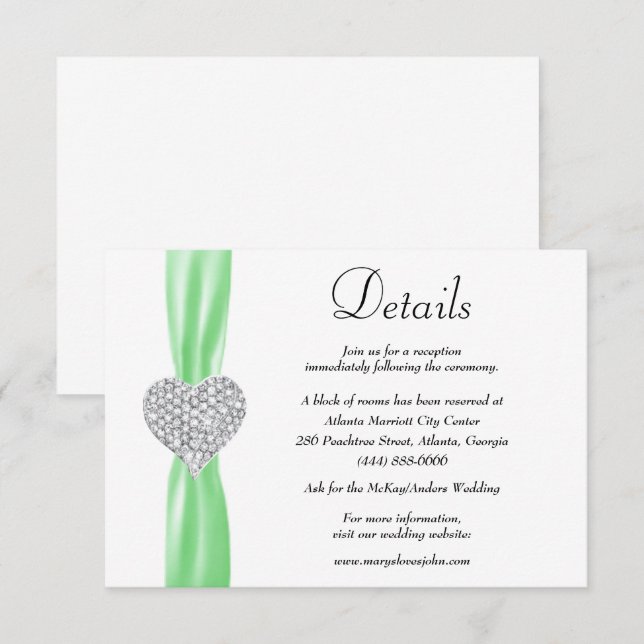 Diamond Heart Green Ribbon Wedding Details Enclosure Card (Front/Back)