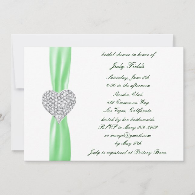 Diamond Heart Green Wedding Bridal Shower Invite (Front)