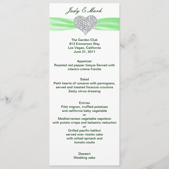 Diamond Heart Green Wedding Menu Card (Front)