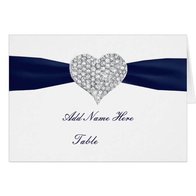Diamond Heart Navy Blue Wedding Table Place Card (Front Horizontal)