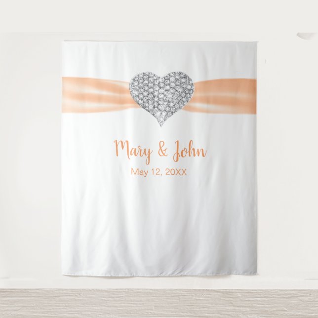 Diamond Heart Orange Ribbon Wedding Backdrop Tapestry (Front)