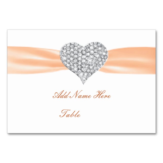 Diamond Heart Orange Wedding Table Place Card (Front)
