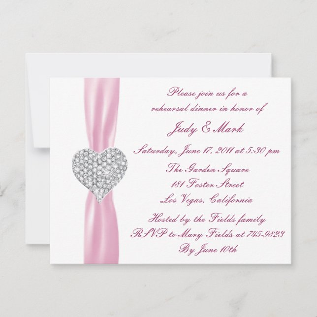 Diamond Heart Pink Rehearsal Dinner Invitation (Front)