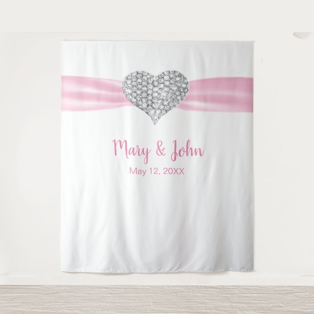 Diamond Heart Pink Ribbon Wedding Backdrop Tapestry (Front)