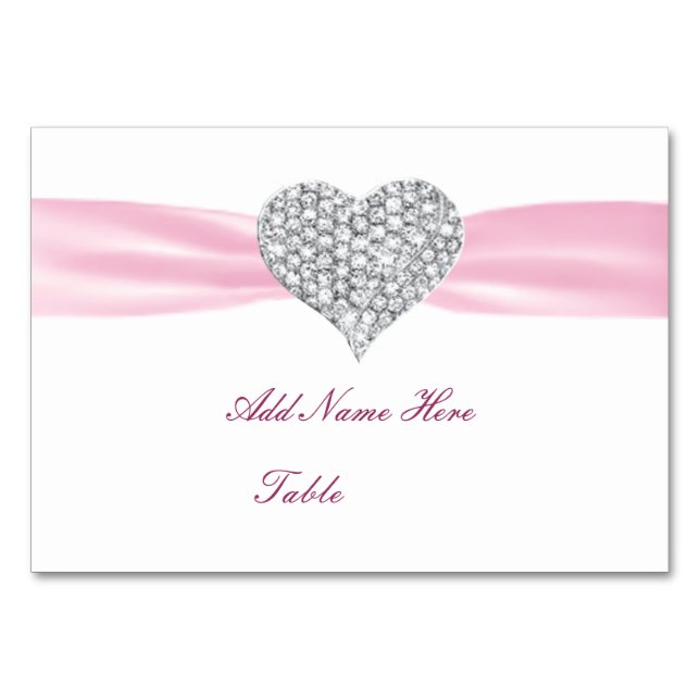 Diamond Heart Pink Wedding Table Place Card (Front)
