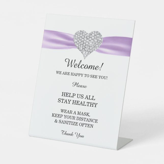 Diamond Heart Purple Ribbon Wedding Safety Pedestal Sign (Front)