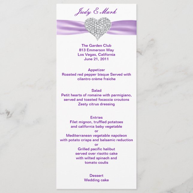 Diamond Heart Purple Wedding Menu Card (Front)
