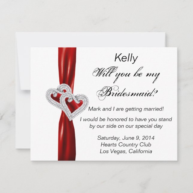 Diamond Heart Red Wedding Bridesmaid Card (Front)