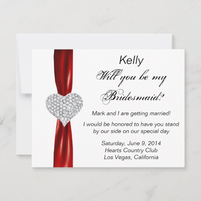 Diamond Heart Red Wedding Bridesmaid Card (Front)
