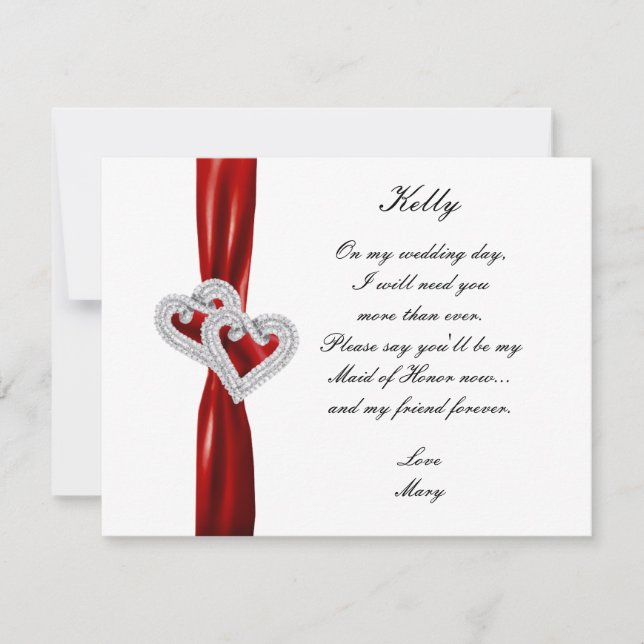 Diamond Heart Red Wedding Maid Of Honour Card (Front)