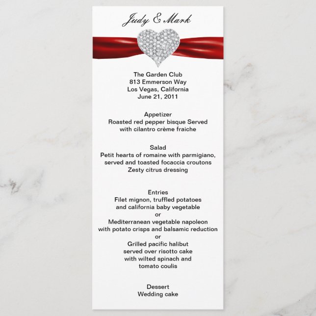 Diamond Heart Red Wedding Menu Card (Front)