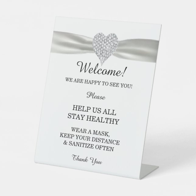 Diamond Heart White Ribbon Wedding Safety Pedestal Sign (Front)